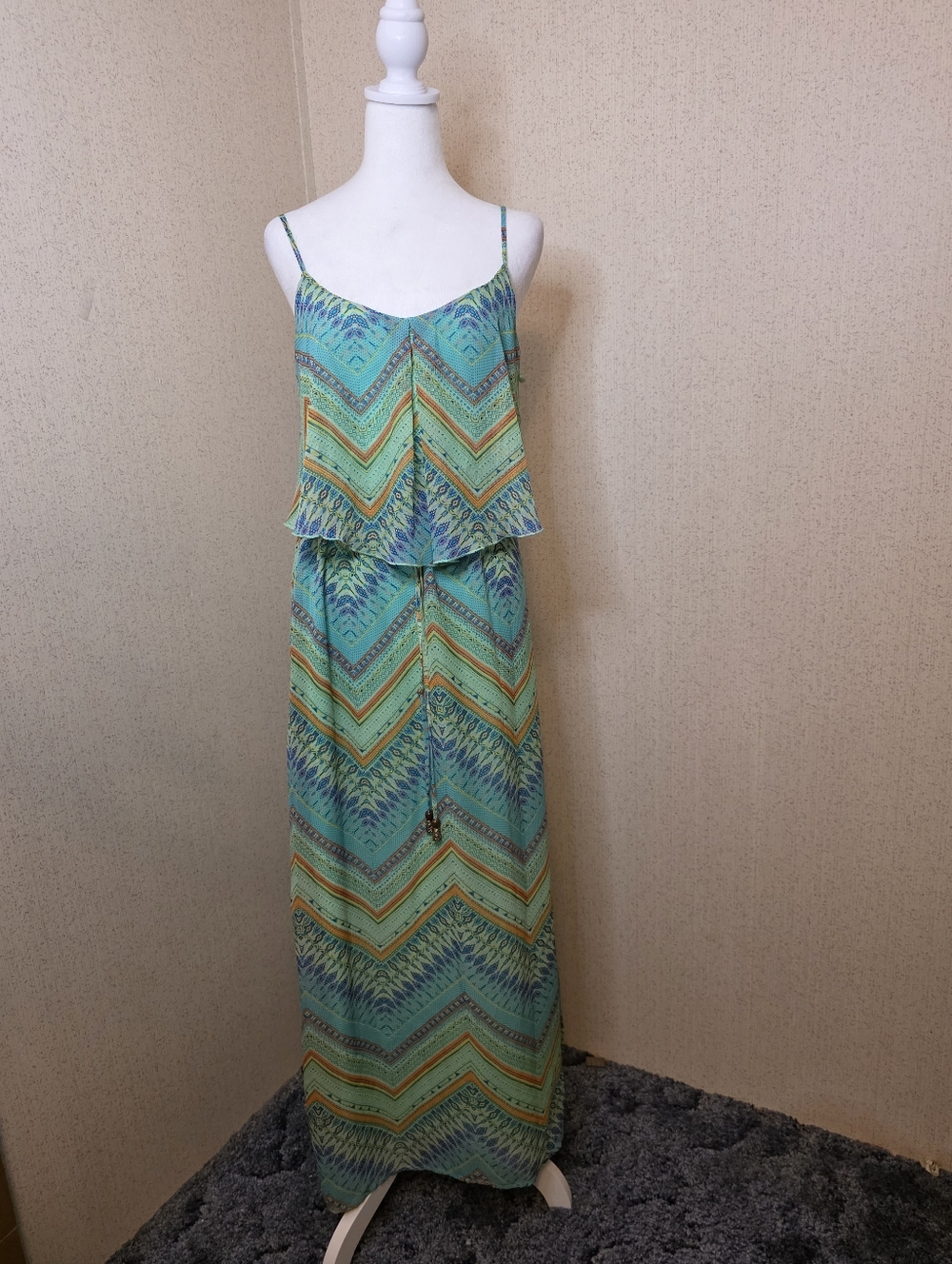 City Studio Blue and Green Chevron Boho Halter Top Maxi Dress